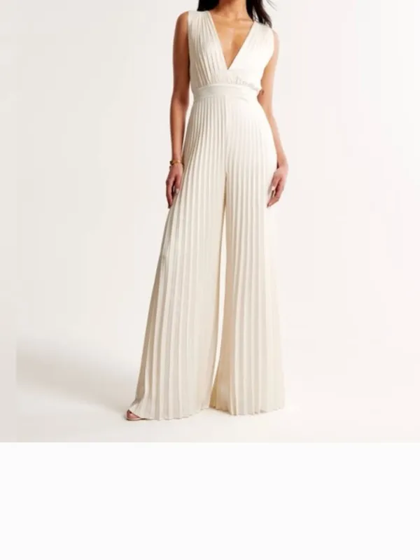 NEW $140 ABERCROMBIE & FITCH Giselle Pleated Jumpsuit In White Satin Silky - Image 5