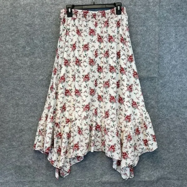 CHELSEA & VIOLET Skirt Large White Red Floral Tie Elastic Waist Handkerchief Hem - Image 11