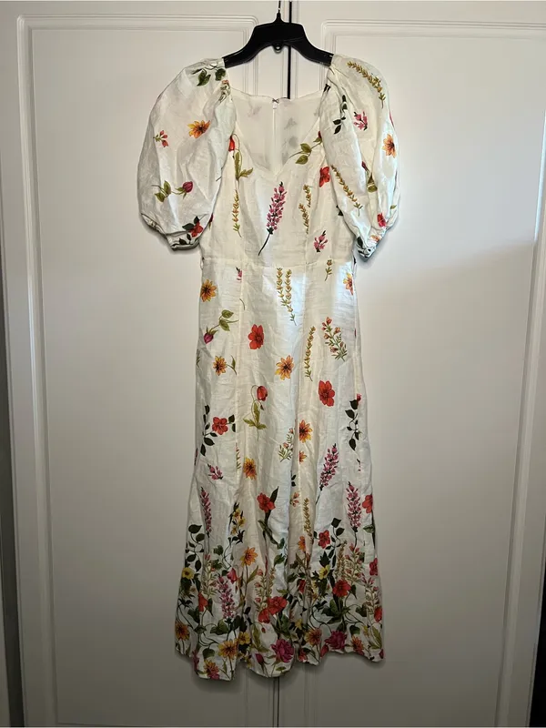 & Other Stories 100% Linen Floral Puff Sleeve Midi Dress - Image 5