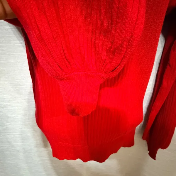 Shop The Mint Red Ruffle Shoulder Ribbed Knit Balloon Sleeve‎ Sweater Medium - Image 5
