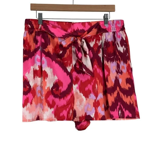 Bar III Abstract Ikat Print Tie Waist Shorts‎ Pink Red Boho Summer Size XL - Image 3