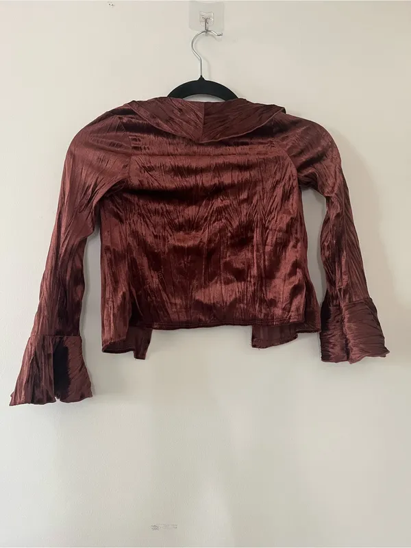 Vintage Y2K Chocolate Brown Velvet Tie Front Bell Sleeve Bolero Top Small - Image 6