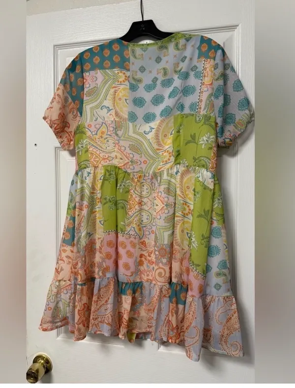 🌸 SHEIN Bohemian Floral & Paisley Patchwork Mini Dress | V-Neck Short Sleeve 🌸 - Image 3