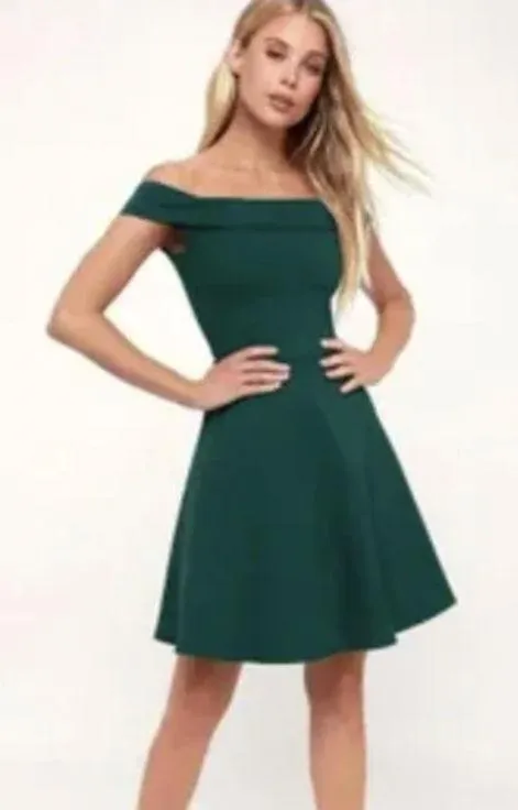 Lulu's Season of Fun Forest Green Off-the-Shoulder Skater Dress Size XS NEW - Image 2