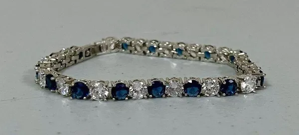 Silver Blue Sapphire Diamond Round Gemstone Tennis Bracelet Jewelry 💙 - Image 2