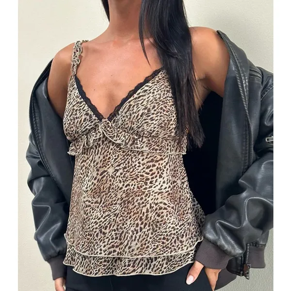 Motel Cami Top Frill Leopard Print Melinda Size XXS Brown Black - Image 4