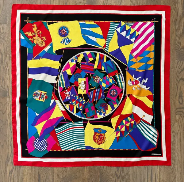 Vintage Harvé Bernard Multicolor Nautical Flag Motif 100% Silk Scarf 34" Square - Image 8