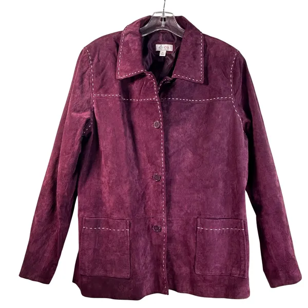 Denim & Co Womens XL Plum Purple Suede Leather Button Front Jacket Pick Stitch - Image 2