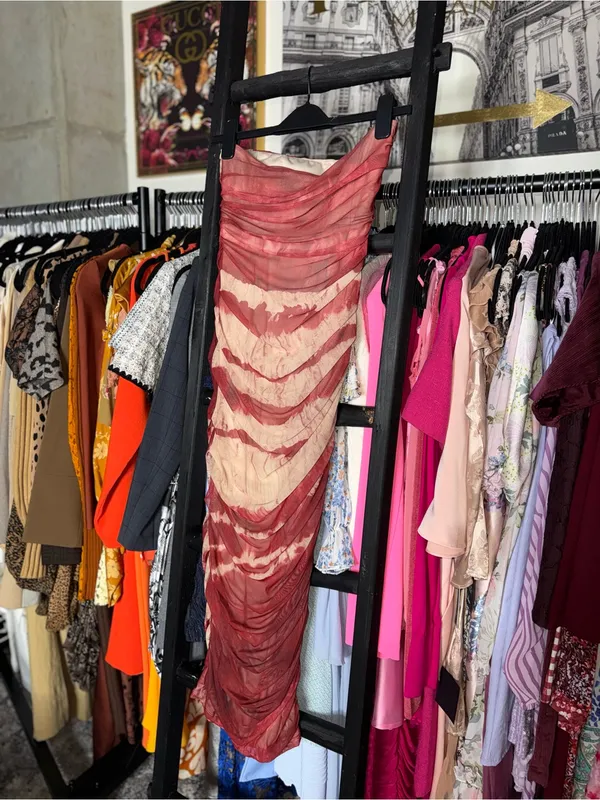Zara Corset Strapless Ruched Tie Dye Midi Dress Burgundy Womens XS New NWT - Image 9
