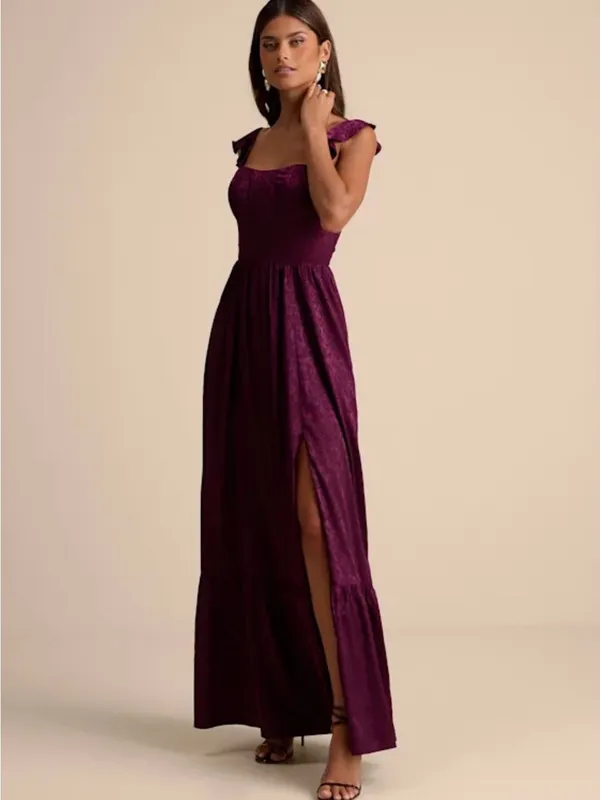 Lulu's Plum Ruffled Strap Maxi Dress with Side Slit - Image 2