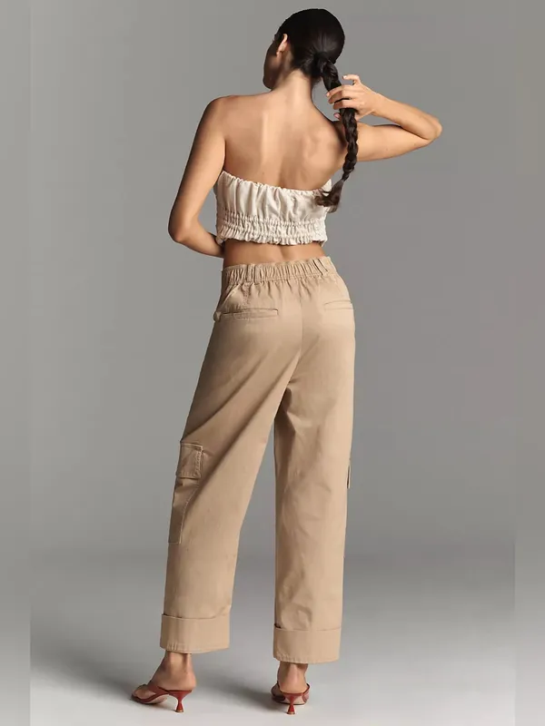 NWT Anthropologie Embroidered Floral Cargo Pants Tan M - Image 4
