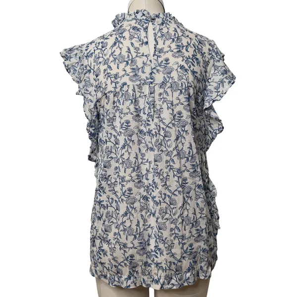 Beachlunchlounge‎ White Blue Floral Ruffle Neck Cotton Sleeveless Blouse Small - Image 3