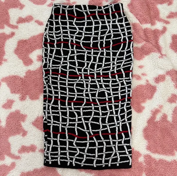Y2K Abstract Knit Tube Dress High-Waisted Skirt Black White Red Bodycon Small - Image 3