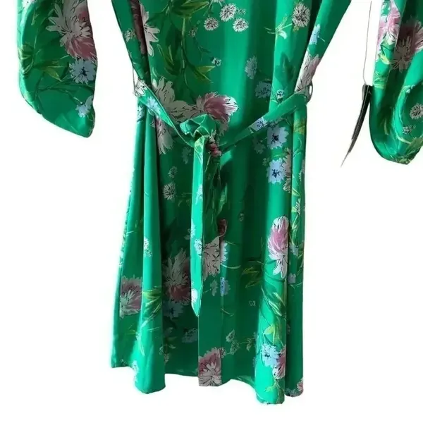 Anthropologie Daniel Rain Green Floral Print 3/4 Sleeve Tie Dress SZ M #2194 - Image 3