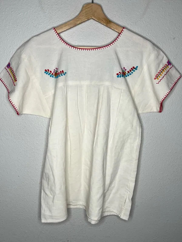 Colorful Florals Mexican Embroidered Short Sleeve Peasant Blouse Boho - Image 2