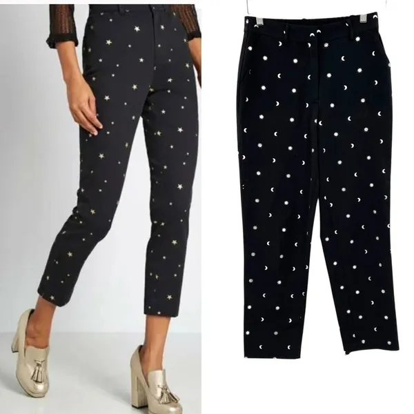 ModCloth Game Changer Twill Pants Ankle Star Moon Print Silver‎ Black Size 4 - Image 2