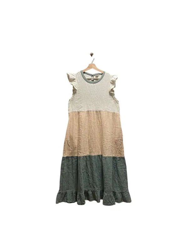 West & Wild Flutter Sleeve Color Block Maxi Dress Gauzy Cotton Green Size L Boho - Image 2