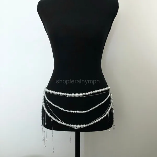 Y2K Coquette White Faux Pearl Layered Draped Chain Belt, 31.5 Inches, X7GA1139 - Image 3
