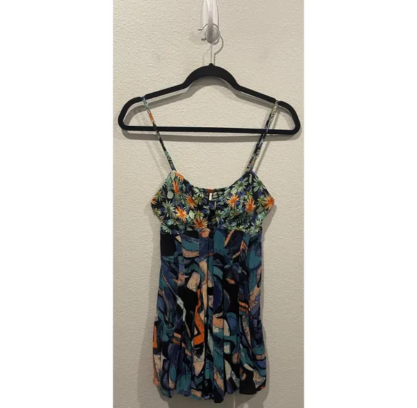 Free People Abstract Print Front Cut Out Smocked Flowy Romper - Image 3