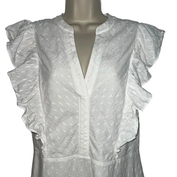 BCBGMAXAZRIA Women's Ruffle Short Sleeve Maxi Dress V Neck‎ White Large Cotton - Image 4