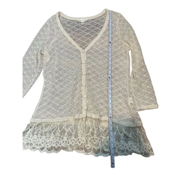 Krazy Kat Ivory Cream Open Knit Long Sleeve Button Front Lace‎ hem Top - Image 7