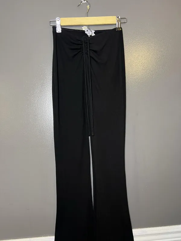 Princess Polly Pants Womens 2 Black Ribbed Flare Ruched Waist Lounge Sweatpants - Image 2