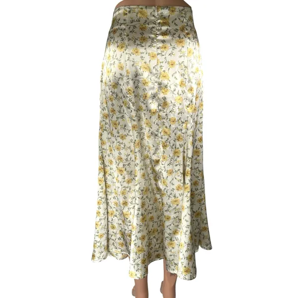 Lulus White Yellow Floral Silk Satin High Waisted Peasant Slip Midi Skirt Size M - Image 3
