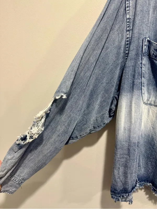 Vintage Havana Bleached Ombre Denim Shirt Small Cropped Distressed Chambray Top - Image 3
