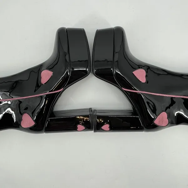 Dolls Kill La‎ Moda Platform Black Patent Leather Pink Heart Chunky Boots Sz 9 - Image 5