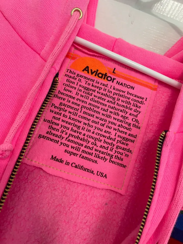 Aviator Nation Full Zip Hoodie Unisex Neon Pink Long Sleeve Pockets Logo Print L - Image 12