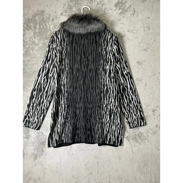 Ming Wang L Black Gray Animal Print Faux Fur Collar Statement Jacket Y2K Baddie - Image 3