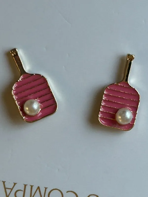 NWT Two's Company Pickleball Earrings Pink with Pearl Gift Accessory Pickleball - Image 9