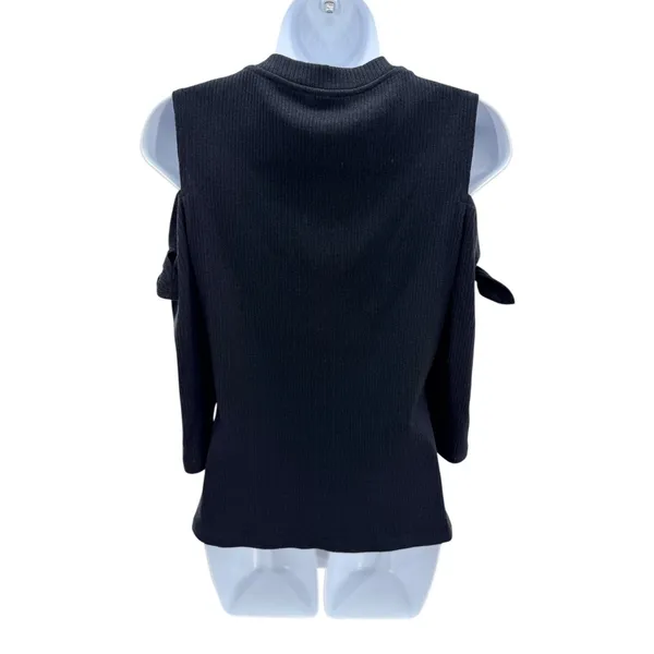 Rebecca Taylor Black Cold Shoulder Ribbed Knit Top Tie Sleeve Open Shoulder NWT - Image 4