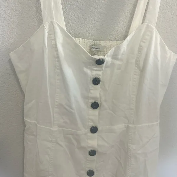 Madewell Denim Square-Neck Sleeveless Mini Dress in Tile White Size 16 - Image 7