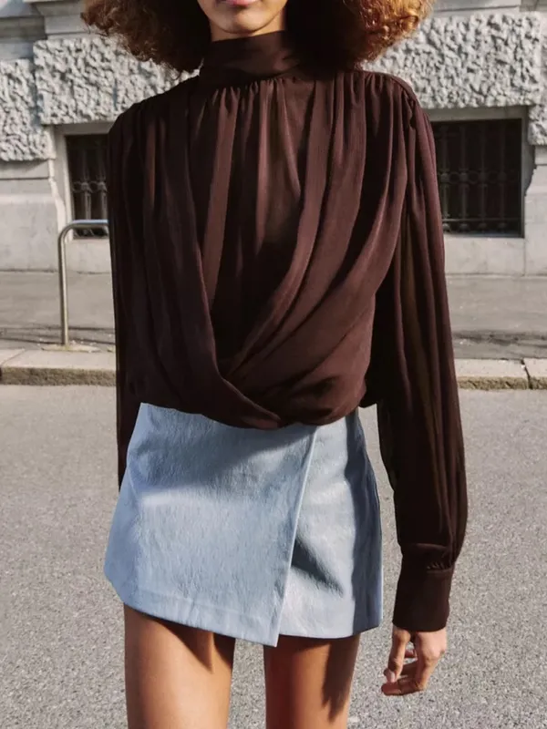 Zara NWT draped High-Neck Long-Sleeve mesh Blouse top Brown - Image 3