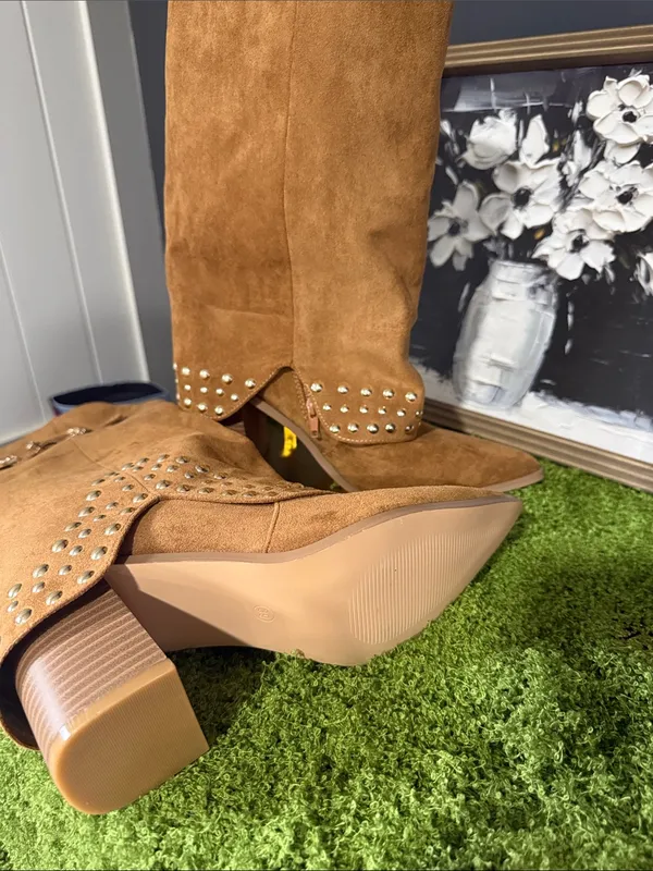 Women's Tan Suede Studded Western Boots - Image 3
