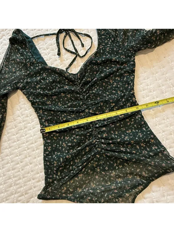 Lulus Bodysuit Long Sleeve Sz S Small Green Floral Mesh Sweetheart Neckline NWT - Image 5