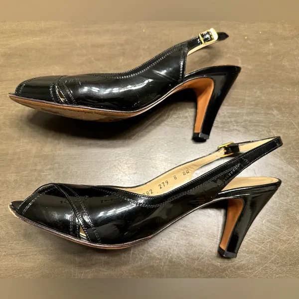 Salvatore Ferragamo Black Patent Leather Sling Back Open Toe Heels Size 8 AA - Image 7