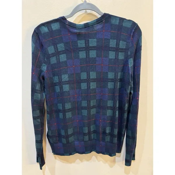 Lauren Ralph Lauren Women Black Watch Plaid Green Sweater Beaded Crest Size PXL - Image 4