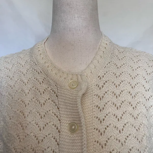 Vtg 60s Pointelle Knit Cardigan Women Sz S Cottagecore Coquette Wintuk Scallop - Image 3