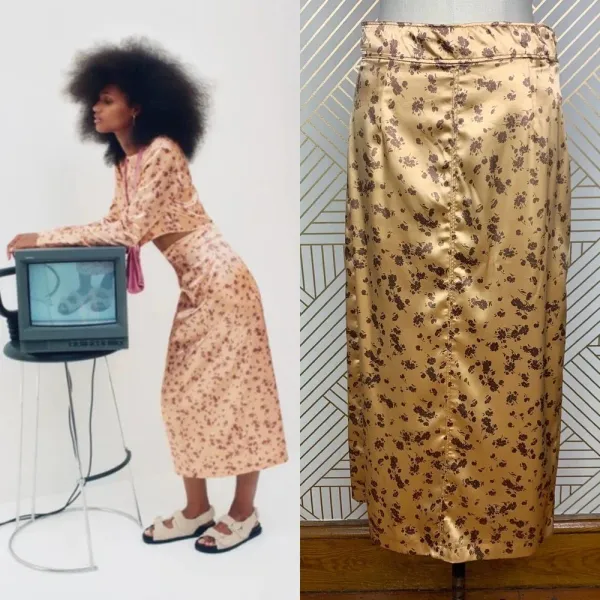 Zara Floral Print Slip Midi Skirt In Tan Gold Brown Satin Size‎ US Medium - Image 2