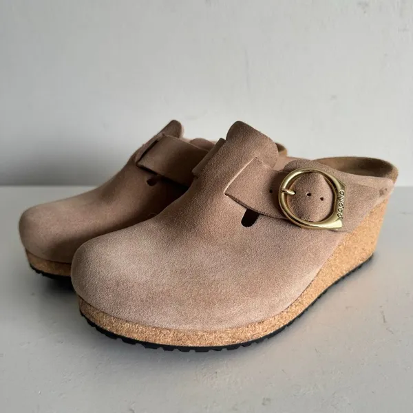 Birkenstock Papillio Fanny Suede Wedge Clogs Warm Sand Size 38 NEW - Image 2