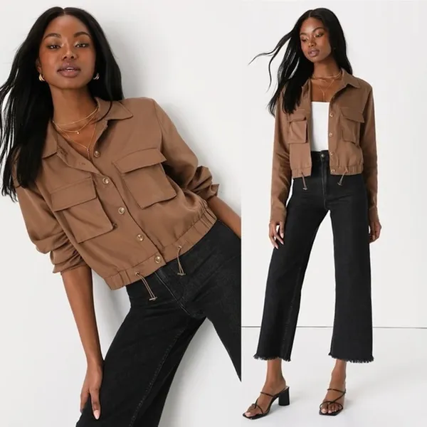 L Lulus Eldora Brown Cropped Utility Jacket Full Zip Top Safari Women's - Image 2
