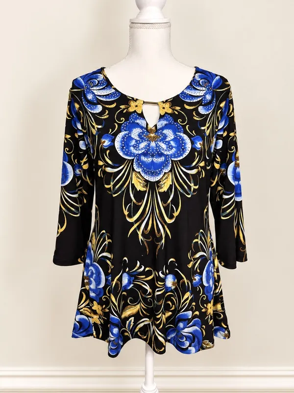 JM Collection Floral Rhinestone Keyhole Tunic Top M Black Blue Gold Floral Glam - Image 2