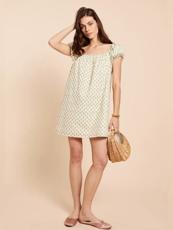 Few Moda Kourt Nya Cream Print S Puff Sleeve Mini Cotton Dress - Image 2