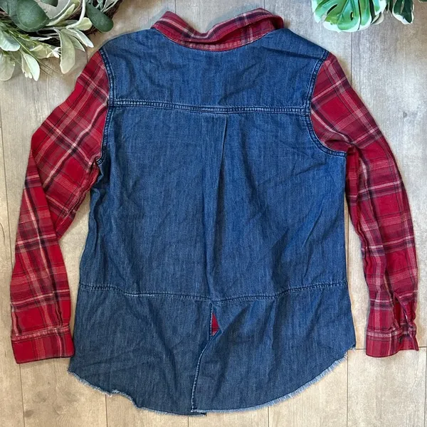 Free People Runaway Plaid & Denim Mixed Media High Low Button Down Shirt M - Image 8