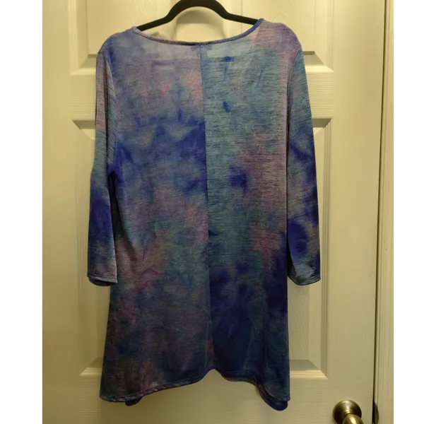 Cocomo Size Large Purple Blue Tie Dye V-Neck Slit Sleeves Slinky Tunic Top - Image 3