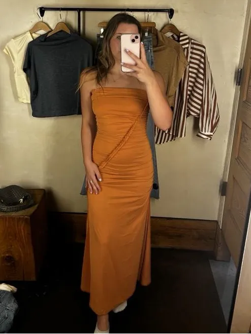 Anthropologie • The Gabbie Strapless Ruched Tube Dress jersey knit Mango orange - Image 15