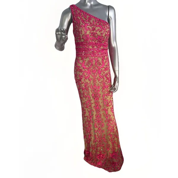 Sherri Hill 54250 One Shoulder Beaded Prom Gown Pink Nude Size 8 Dress - Image 5