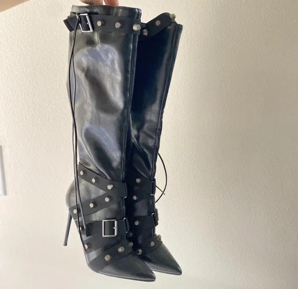 Steve Madden Fink Black Faux Leather Strappy Studded Knee High Boots - Image 7